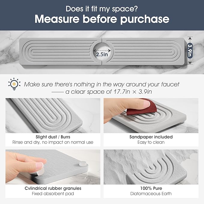 Quick Drying Stone Faucet Mat for Kitchen Sink - Diatomite Sink Mat Absorbing Stone Tray for Bathroom Counter, Sink Faucet Splash Guard Water Protector Matt for Kitchen Counter(Light Gray, 17.7"x3.9")