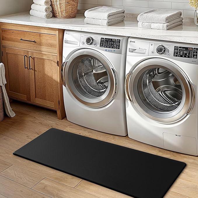 GENIMO Kitchen Mats for Floor 2PCs, Washable Anti Fatigue Mat for Cushioned, 17.3"x47"+17.3"x30", Waterproof Kitchen Rugs, Non Slip Comfort Standing Mat Rug for Home, Sink, Laundry, Pure Black