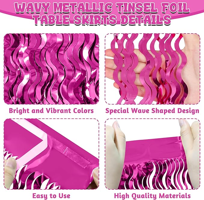2 Pack Hot Pink Table Skirt Decor, Breast Cancer Awareness Decorations Foil Grass Skirt for Table, Metallic Wavy Tinsel Foil Fringe Table Skirts, Table Foil Skirts Wedding Birthday Valentines Party