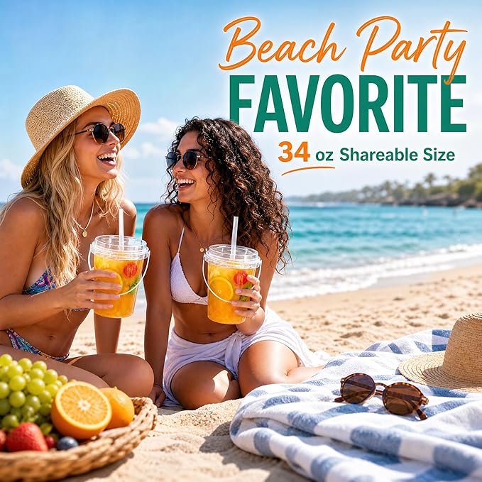 30 Pack 34oz Plastic Cups with Lids and Straws, Disposable Coffee Cups with Lids, Sturdy & Food Safe To Go Cups for Cold & Hot Drinks/Smoothies, Fruit Drinks Cups for Summer Beverages, Bar/Beach Party