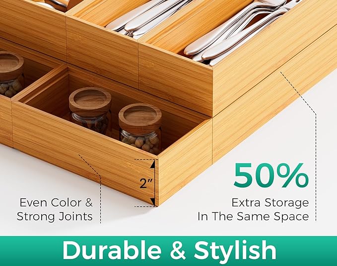 Bamboo Kitchen Drawer Organizer Boxes – 12" x 6" Stackable Wood Silverware Utensil Tray for Drawers Bins, Cutlery & Flatware Storage – Wooden Organizers Set of 2 for Junk Drawer, Bathroom, RV