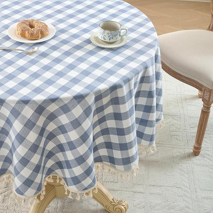 Softalker Checkered Tablecloth 70 x 70 Inch Round, Outdoor Linen Cotton Gingham Table Cloth with Tassel, Heavy Duty Wrinkle Free Buffalo Plaid Table Cover for Kitchen Dining Summer Party - Blue