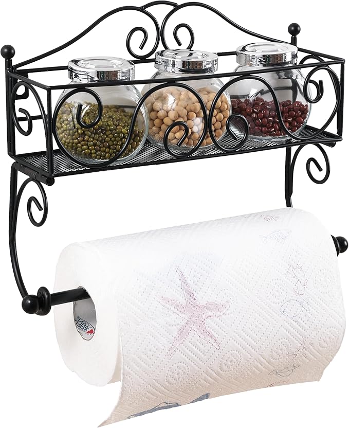 Adhesive Paper Towel Holder with Shelf, Wall Mount, 12in Black for Kitchen, Hand Towel Holder for Bathroom with Shelf