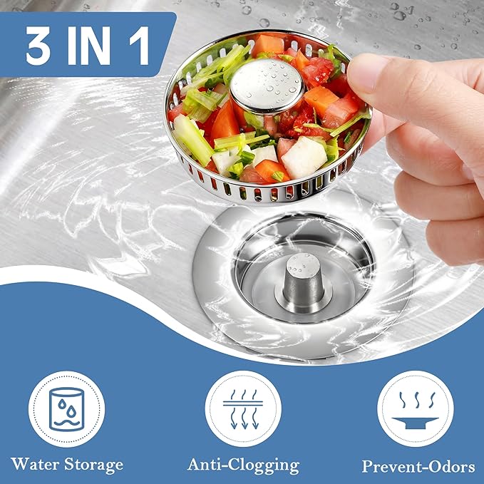 Kitchen Sink Drain Strainer 3 Pack, 304 Stainless Steel Pop Up Sink Stopper, Anti-Clogging Sink Drain Strainer for US Standard Kitchen Drain (Chrome)