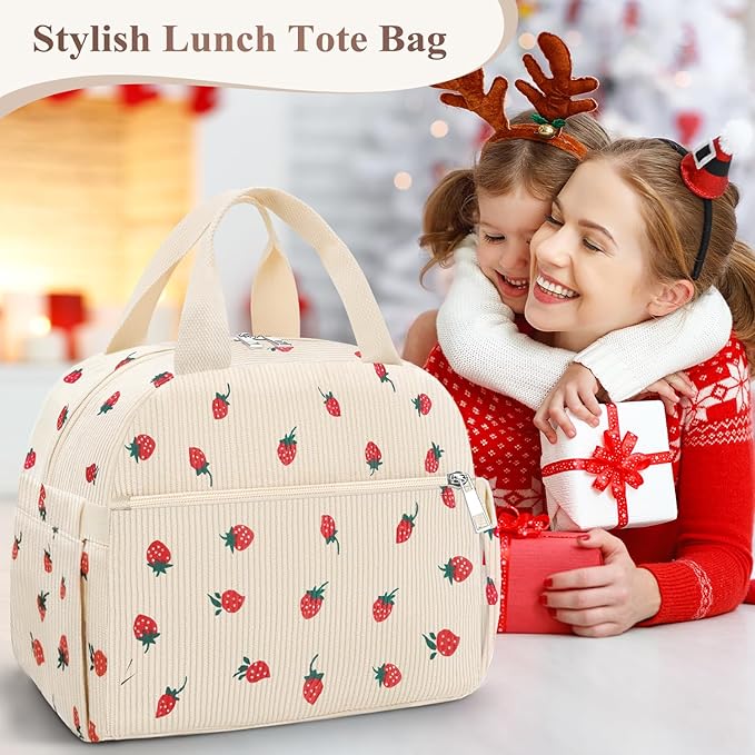 KUBYA Lunch Box for Women, Cute Strawberry Corduroy Insulated Lunch Bag Women Reusable Work Leakproof Simple Adults Large Lunch Boxes Tote Bag Men Cooler Bag