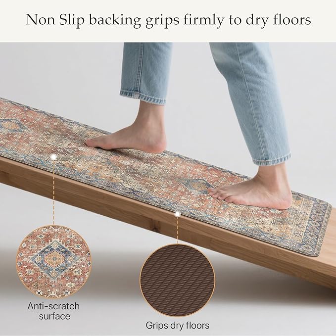 GENIMO Kitchen Mats for Floor, 2PCS Kitchen Rugs Non Slip Washable, Waterproof Anti Fatigue Mat, Comfort Standing Runner Rug for Sink, Office, Laundry, Home, 20"x32"+20"x48", RetroBrick