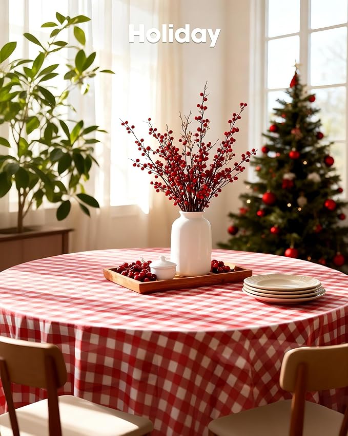 Pureegg Plastic Table Cloth Disposable 10 Pack, 84'' Round Table Cloths, Party, Picnic, Decorative Gingham Tablecloths, Round, Black and White Checkered Cover, Leakproof & Sturdy, Black Plaid