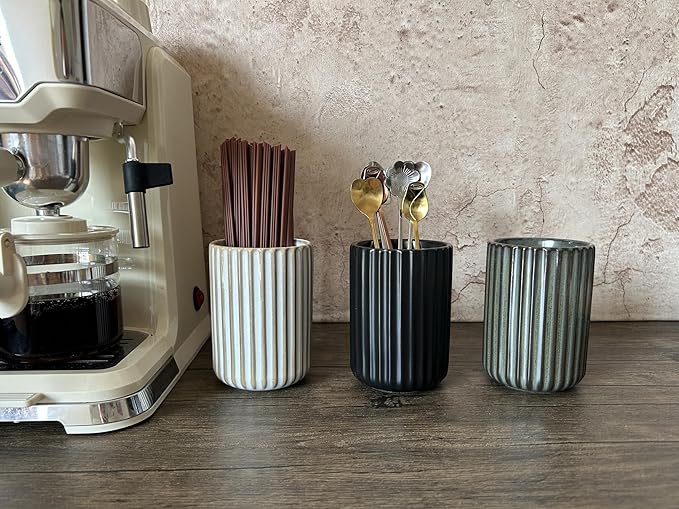 TOPYOKK Stoneware Coffee Bar Utensil Holder Tea & Coffee Spoon & Stirrer Holder for Stir Stick Straw Teaspoon Holder Spoon Cup Small Utensil Jar Fluted Vertical Stripe (Matte Black)