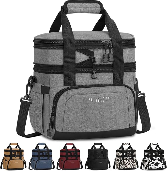 Vankor Lunch Box for Men Women, Large Double Layer Insulated Lunch Bag Tote Expandable Leakproof Waterproof Cooler Bag with Adjustable Shoulder Strap for Work Office Picnic Travel, Grey
