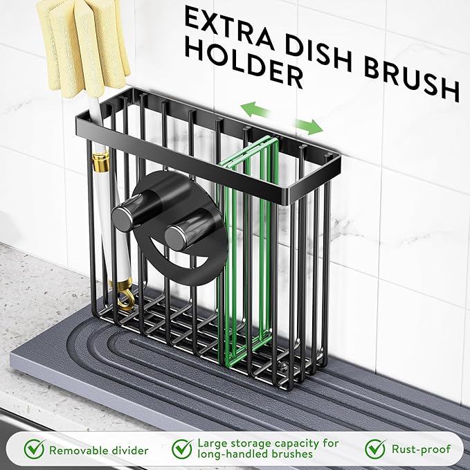 Cisily Diatomite Faucet Mat for Kitchen Sink Protectors with Dish Brush Holder-Absorbent Drying Counter Stone Water Splash Guard Area, Behind Kitchen Sink Caddy Organizers Decor Accessories Organizer