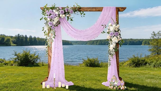 Socomi Pearl Table Runner Lilac Purple Summer Wedding Arch Draping Fabric 19FT Sheer Tulle Chiffon Gauze Cheese Cloth Outdoor Drapes for Birthday Party Baby Shower Bridal Engagement Decor