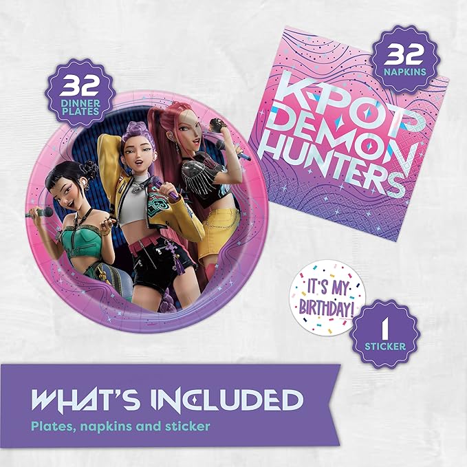 Unique KPop Demon Hunters Plates and Napkins for 32 | KPop Demon Hunters Birthday Decorations for Party | Officially Licensed
