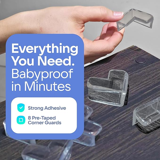 8-Pack Baby Proof Corner Protectors, Clear Furniture Safety Bumpers, Soft Rubber Foam Cushion Guards with Pre-Applied Adhesive, Child Proofing Pads for Tables, Cabinets, Desks, Glass Surfaces