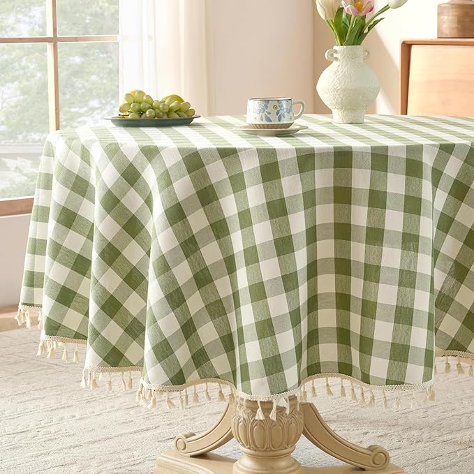 Softalker Outdoor Checkered Tablecloth 70 x 70 Inch Round, Spring Summer Linen Cotton Gingham Table Cloth with Tassel, Heavy Duty Wrinkle Free Buffalo Plaid Table Cover for Picnic Camping - Sage