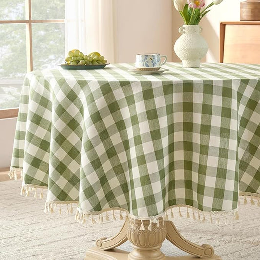 Softalker Outdoor Checkered Tablecloth 70 x 70 Inch Round, Spring Summer Linen Cotton Gingham Table Cloth with Tassel, Heavy Duty Wrinkle Free Buffalo Plaid Table Cover for Picnic Camping - Sage