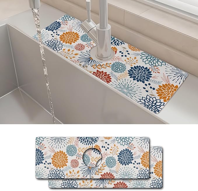 2PCS 15" X 5.5" Kitchen Sink Splash Guard Faucet Mat Mandala Super Absorbent Fast Drying Faucet Guard & Draining Mat Sink Splash Guard Behind Faucet for Kitchen, Bathroom