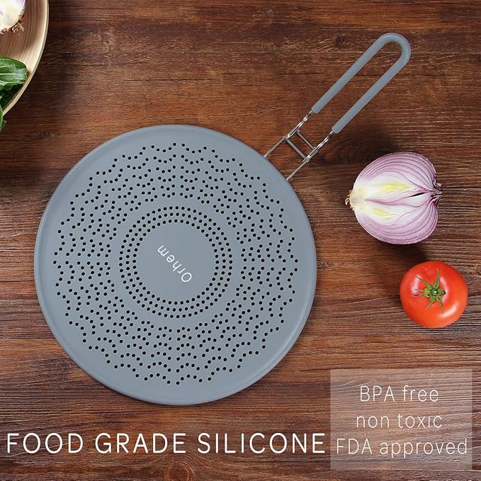 11" Silicone Splatter Screen Pan Cover with Folding Handle, Heat Insulation Cooling Mat, Strainer, Drain Board, Oil Splash Guard for Frying Pan