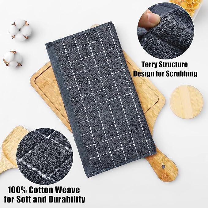 Homaxy 100% Cotton Terry Kitchen Towels(Dark Grey, 20 x 28 inches), Checkered Designed, Soft and Super Absorbent Dish Towels, Large 6 Pack