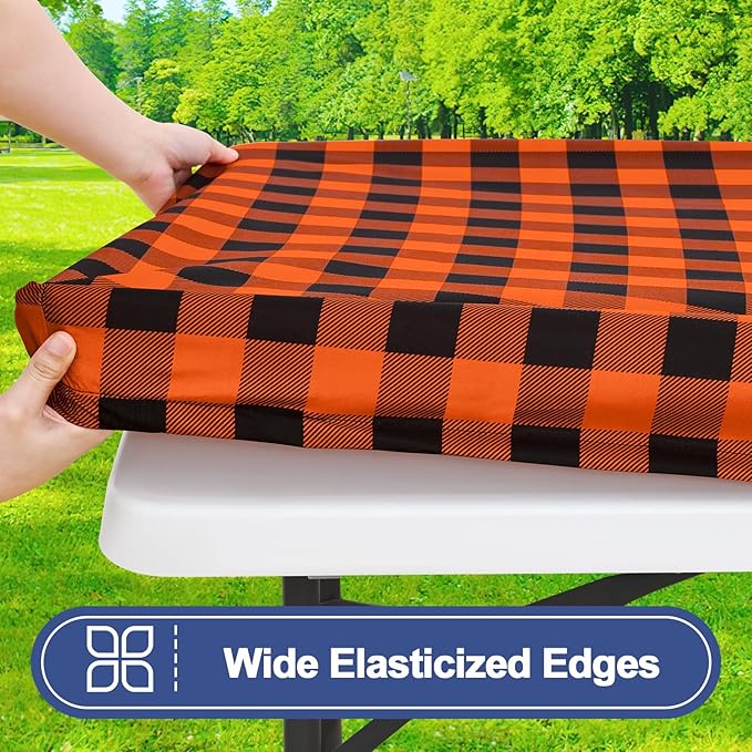 Smiry Picnic Table Cloth 2 Pack, Waterproof Elastic Fitted Tablecloths for 8FT Rectangle Tables, Washable Polyester Buffalo Plaid Tablecloth for Camping, Dining & Outdoor (Black & Orange, 30" x 96")