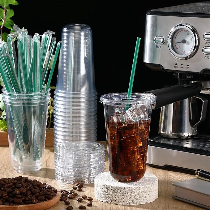 Baderke 25 Set Plastic Cups with Lids and Straws, Disposable Plastic Iced Coffee Cup for Cold Beverage Juice Smoothie Crystal for Coffee Shops Party Catering(Clear,18 oz)