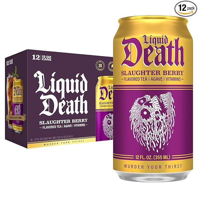 Liquid Death Iced Tea - Slaughter Berry (Raspberry-Flavored Black Tea), Less Sugar*, Boost of Caffeine, B Vitamins, No Artificial Sweeteners, 12 Fl Oz (Pack of 12)