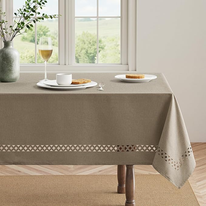 MIULEE Khaki Rectangle Linen Polyester Tablecloth with Decorative Cutouts Waterproof Stain Resistant & Shrink-Proof Table Cloth 52x70 inch Farmhouse Style for Dining Wedding Party and Outdoor Picnics