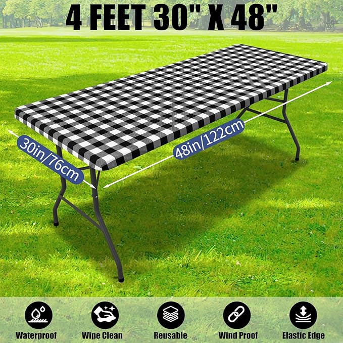Smiry Picnic Table Cloth 2 Pack, Waterproof Elastic Fitted Tablecloths for 4FT Rectangle Tables, Washable Polyester Buffalo Plaid Tablecloth for Camping, Dining & Outdoor (Black & White, 30" x 48")