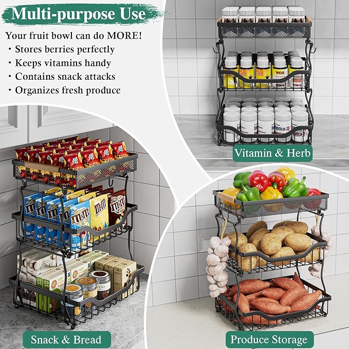 OKZEST 3-Tier Fruit Basket for Kitchen Counter, Wall Hanging Fruit Bowl and Kitchen Countertop Organizer with 2 Banana Hangers, Fruit Storage Stand for Storing Potato Onion Snack Bread Fruit Veggie