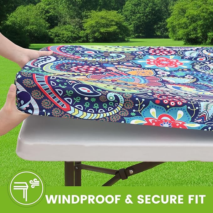 Smiry Spandex Fitted Tablecloth for 6 Foot Rectangle Tables, Washable Picnic Table Cover with Elastic, Stretch Reusable Table Cloth for Outdoor, Camping, Dining & Kitchen (Paisley, 30"x72")