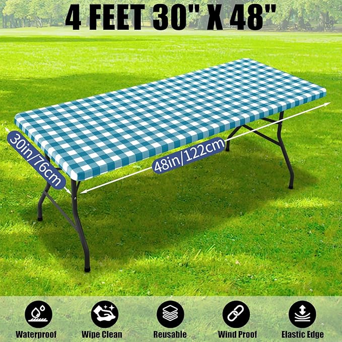 Smiry Picnic Table Cloth 2 Pack, Waterproof Elastic Fitted Tablecloths for 4FT Rectangle Tables, Washable Polyester Buffalo Plaid Tablecloth for Camping & Outdoor (Turquoise & White, 30" x 48")