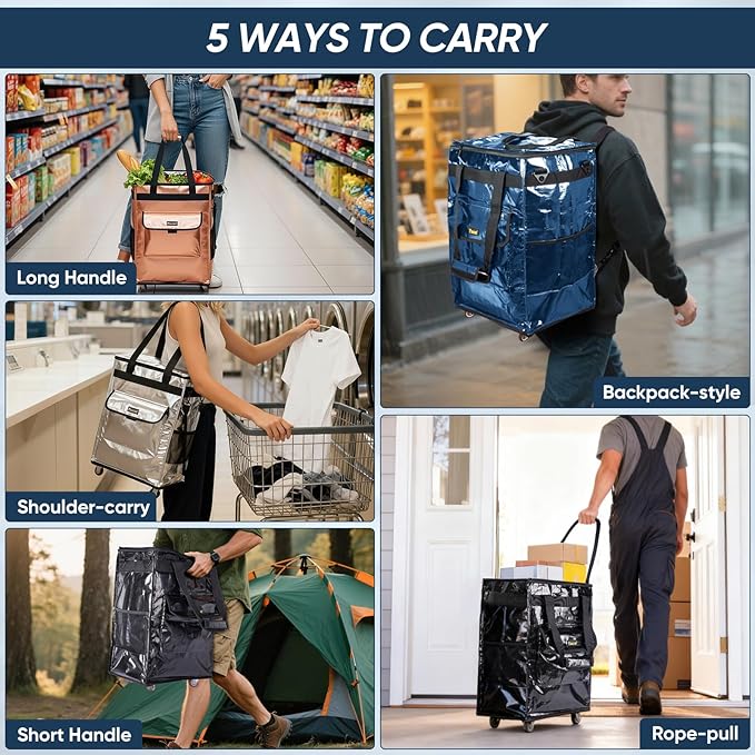 BALEINE Reusable Grocery Bags on Wheels, Rolling Tote Bag, Shopping Trolley, Large Backpack Shopping Carts for Groceries