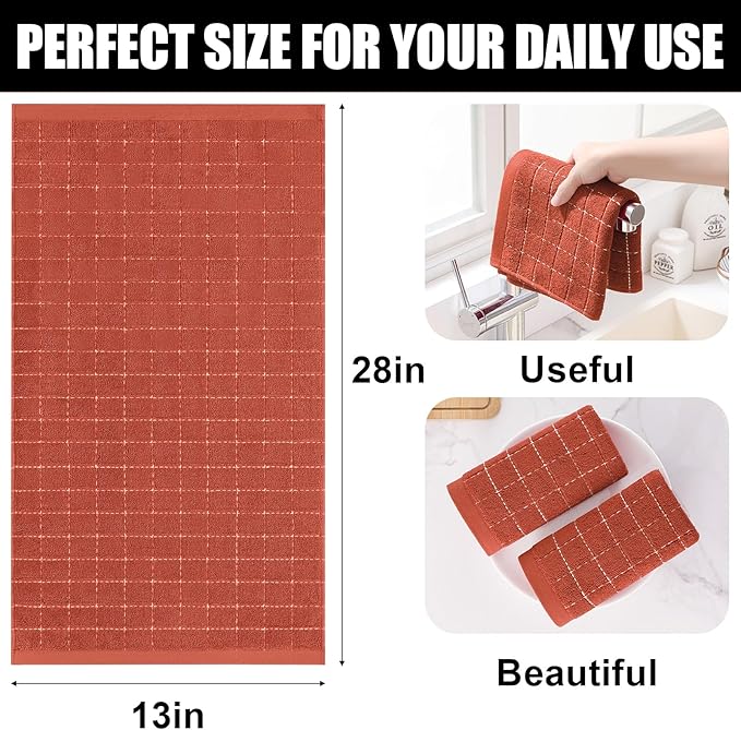 Homaxy 100% Cotton Terry Kitchen Towels(Rust, 13 x 28 inches), Checkered Designed, Soft and Super Absorbent Dish Towels, 6 Pack