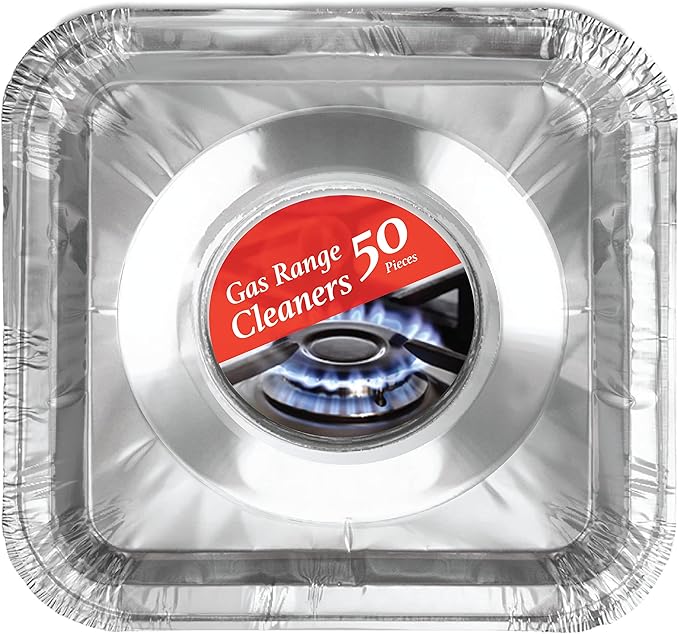 Disposable Gas Burner Liners 50 Pack, Aluminum Foil Square Stove Covers, Range Protectors, Stove Top Foil Covers for Gas Burners, Catch Food Spills, Aluminum Stove Burner Cover, Foil Liner 8.5x8.5 In