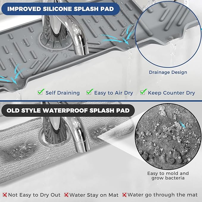 2 Pcs Silicone Faucet Handle Drip Catcher Tray, 2 in 1 Dish Soap Sponge Holder for Kitchen Sink & Splash Guard, Drying Mat for Sink Accessories, Counter, Bathroom
