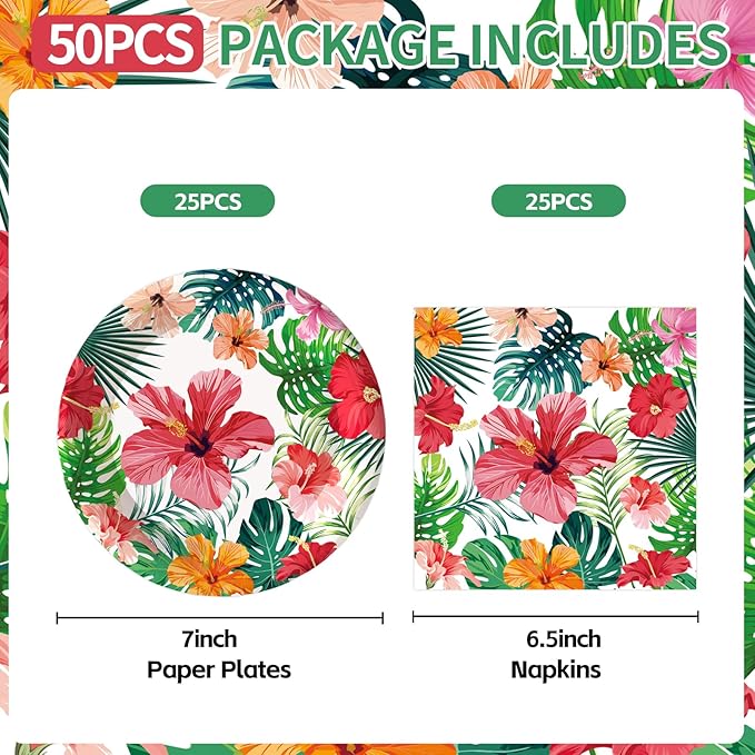 50PCS Hawaiian Luau Paper Plates and Napkins Party Decorations, 7inch Disposable Tropical Dessert Plates Summer Napkins Palm Leaves Hibiscus Tableware Set Aloha Party Supplies for Hawaii Summer