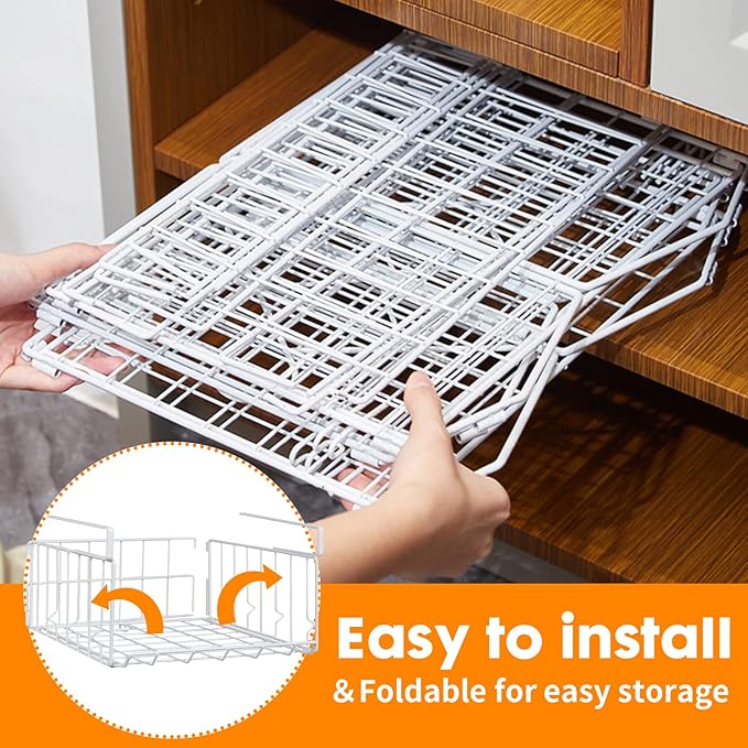 Hanging Under Shelf Storage Basket, 2 Pack Foldable Under Cabinet Metal Desk Storage Wire Rack Organizer for Kitchen Pantry Bookshelf Office Home, Easy to Install Slide-in Under Shelves (White)