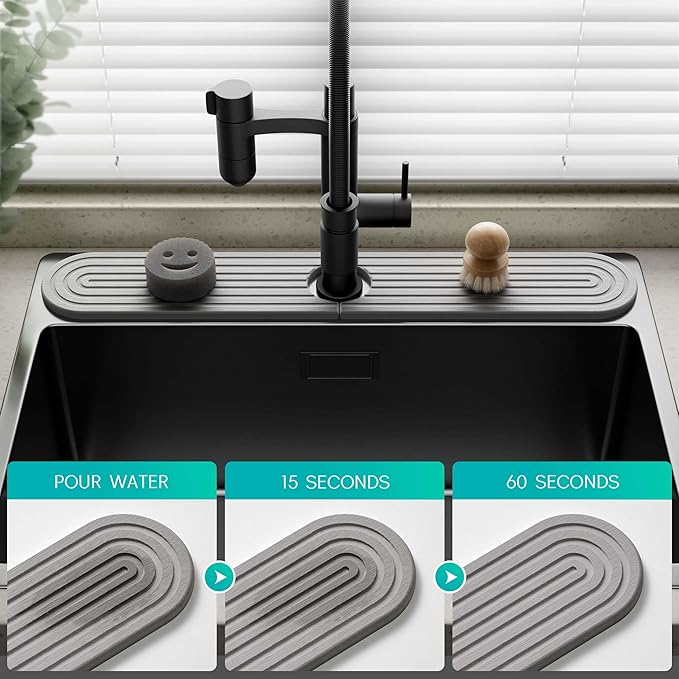 Stone Faucet Mat for Kitchen Sink – Diatomite Fast-Drying Stone Tray, Faucet Mat Sink Splash Guard, Decorative Sink Protector for Kitchen Bathroom Counter (Grey, 30''x3.9'')