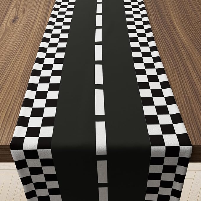 Race Car Birthday Party Decorations - Racing Car Road Table Runner | Black and White Checkered Table Cloth Decor for Kids Boys Cars Theme Two Fast Birthday Party Favors Supplies Decorations