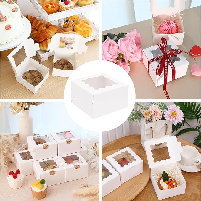 Moretoes 250pcs White Mother's Day Cookie Boxes with Window,4x4x2.5 Inch Small Bakery Boxes, for Small Cake, Treats, Donuts, Candy