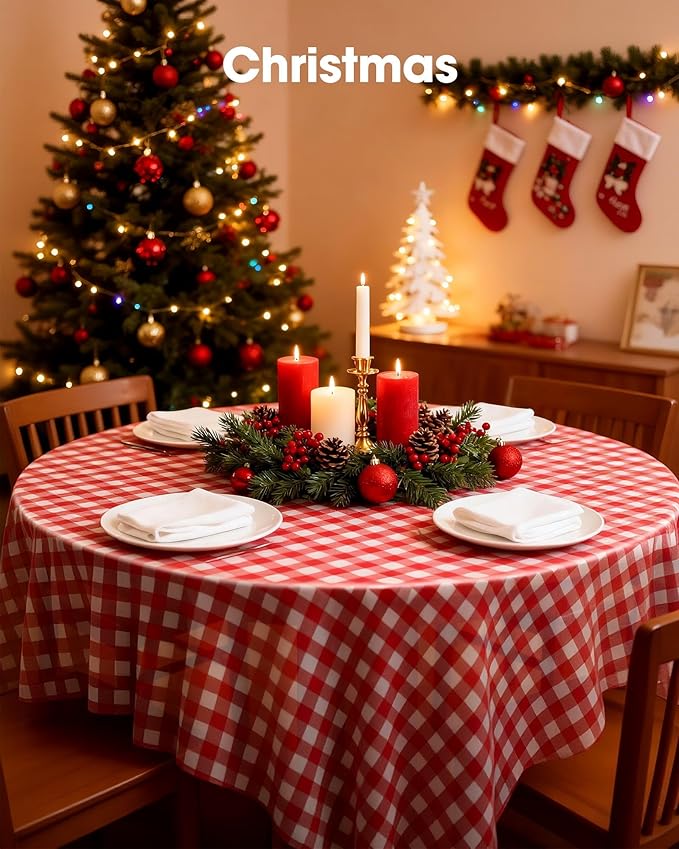 Pureegg Plastic Table Cloth Disposable 10 Pack, 84'' Round Table Cloths, Party, Picnic, Decorative Gingham Tablecloths, Round, Black and White Checkered Cover, Leakproof & Sturdy, Black Plaid