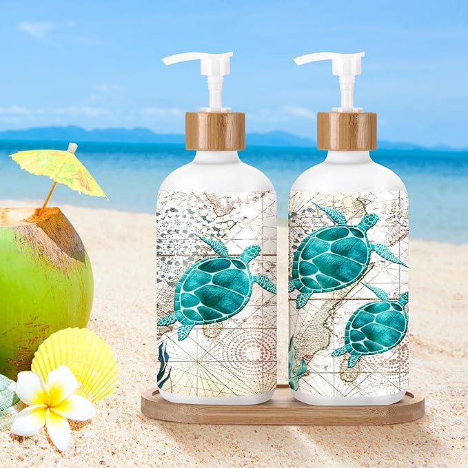 Potchen 2 Pack Glass Soap Dispenser Set Bathroom Decor Housewarming Gift Glass Soap Dispenser with Pump Wood Tray Home Decoration for Kitchen Bathroom(Sea Turtle)