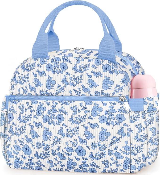 KUBYA Lunch Bag Lunch Box for Women, Cute Corduroy Insulated Reusable Work Leakproof Simple Adults Flower Large Lunch Boxes Tote Bag Men Cooler Bag