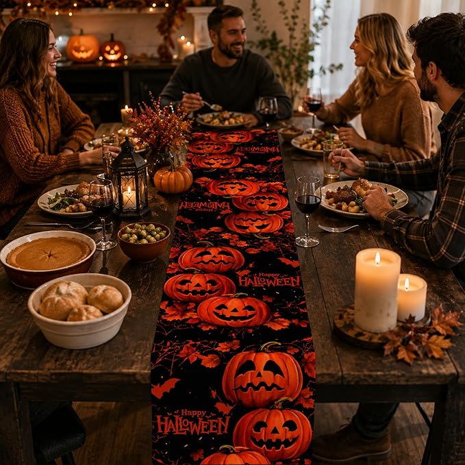 OHOME Halloween Decorations - Happy Halloween Pumpkin Table Runner | Halloween Party Favors Supplies Backdrop for Indoor Outdoor | Halloween Decor Tablecloth for Home Office Dining Kitchen