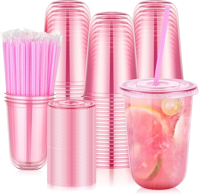 tchrules 100 Set 16oz Plastic Cups with Lids & Straws, Disposable Pink Clear Iced Coffee Cup with Lid, Round Bottom Plastic To Go Cups for Cold Drinks Slushie Smoothie Valentine Holiday Party Supplies
