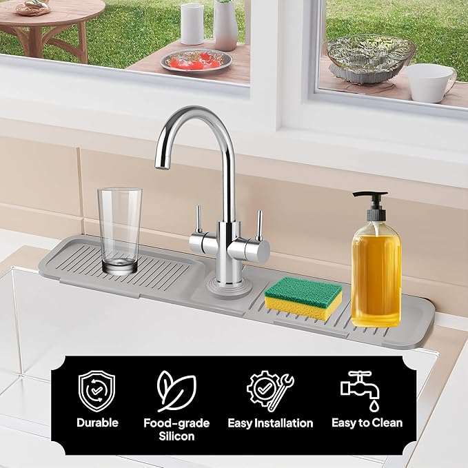 17 Inch Silicone Faucet Mat for Kitchen Sink Splash Guard & Draining Tray Sink Protector with Soap & Sponge Holder Grey (Purest Peak)