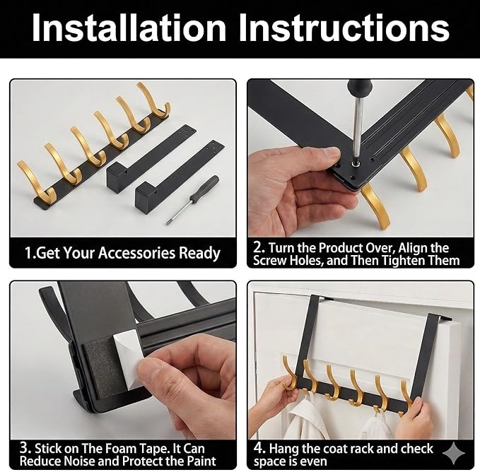 11" Over The Door Hooks for Hanging, Heavy Duty Door Towel Rack with Custom Gold Hooks, Anti-Scratch 4 Pads, 12 Dual-Layer Hooks for Bathroom Bedroom Kitchen (Black Gold)
