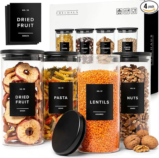 EDELHAUS Glass Storage Containers with Black Lids [4x40oz] Extra Thick Glas with 54 Labels - Canister For Pantry Noodles Flour Cereal Rice Sugar Tea Coffee Beans - Round Set