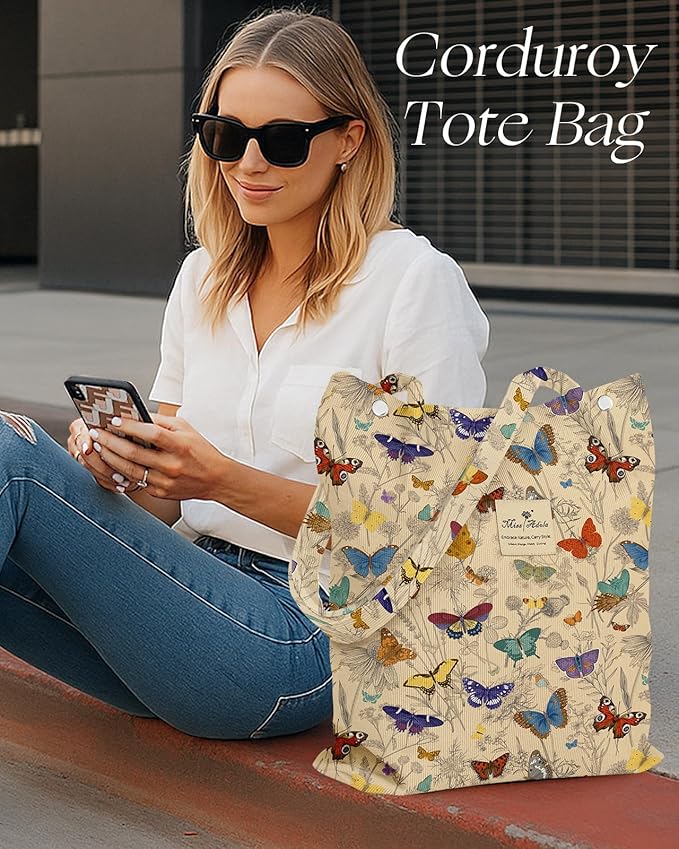 Miss Adola Corduroy Tote Bag for Women - Reusable Totes with Magnetic Buckle & Pocket Aesthetic Design Work Grocery Bags