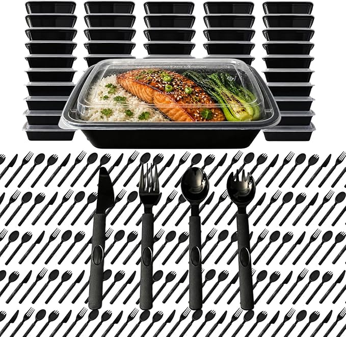NEW Meal Prep Containers 38oz Lids Utensils 50-Pack 300 Pieces Reusable Sturdy Plastic Bento Box Single Compartment Takeout Food Stackable Leakproof Storage BPA-Free Microwave Freezer Dishwasher