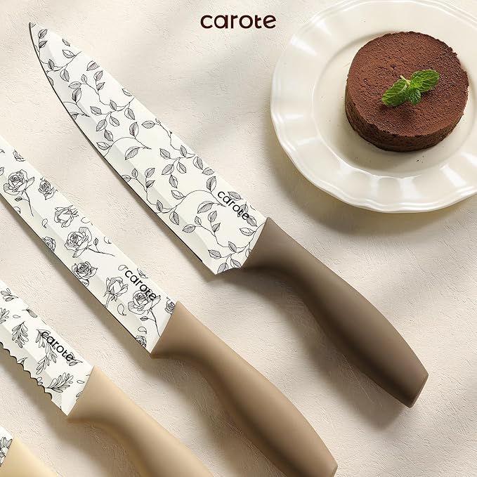 CAROTE 12PCS Knife Set, Kitchen Knife Set with 6 Blade Guards, Stainless Steel Knives Set With Nonstick Ceramic Coating, Rustproof, Delicate Floral Designs, White (Pack of 2)
